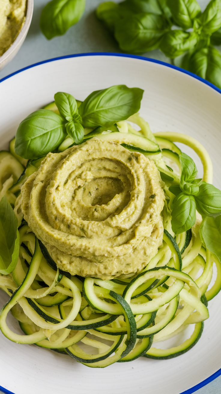 Zucchini noodles topped with avocado pesto and fresh basil