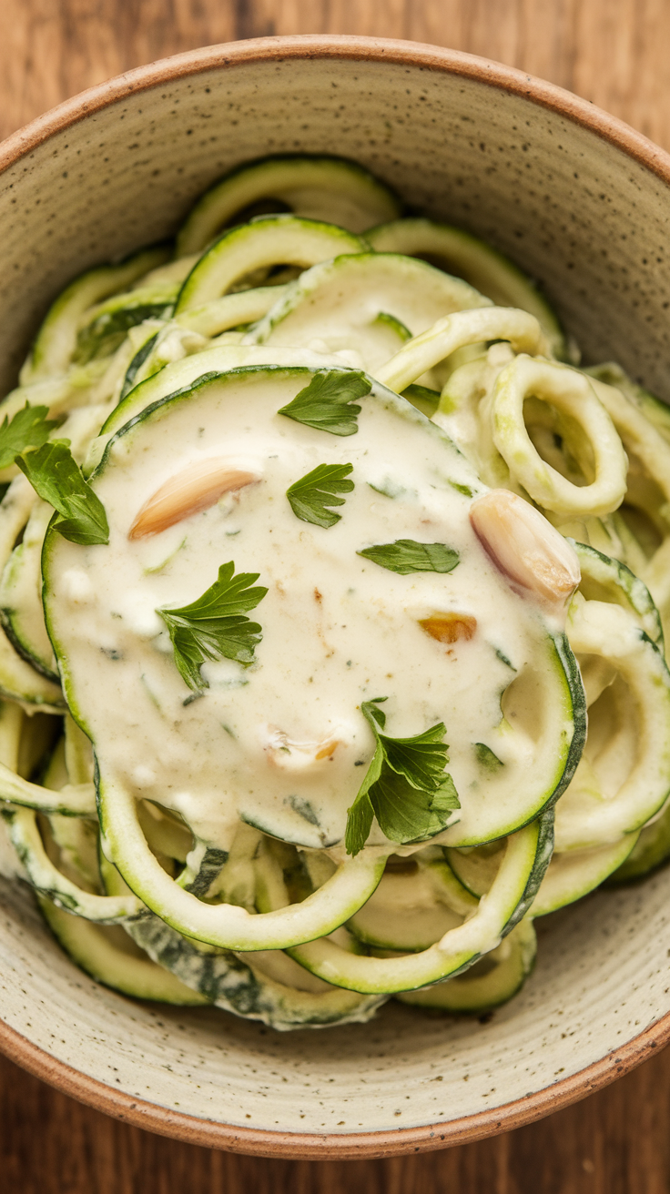 Bowl of zucchini noodles topped with creamy garlic sauce and garnished with parsley.