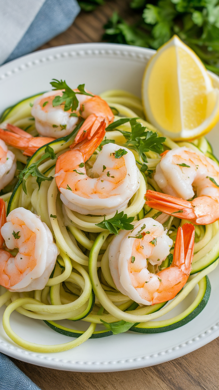 A plate of zucchini noodles topped with garlic butter shrimp and fresh herbs.