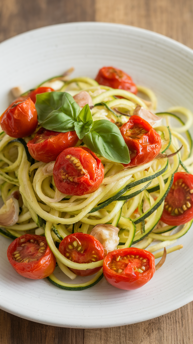 A plate of zucchini noodles topped with roasted tomatoes and fresh basil.