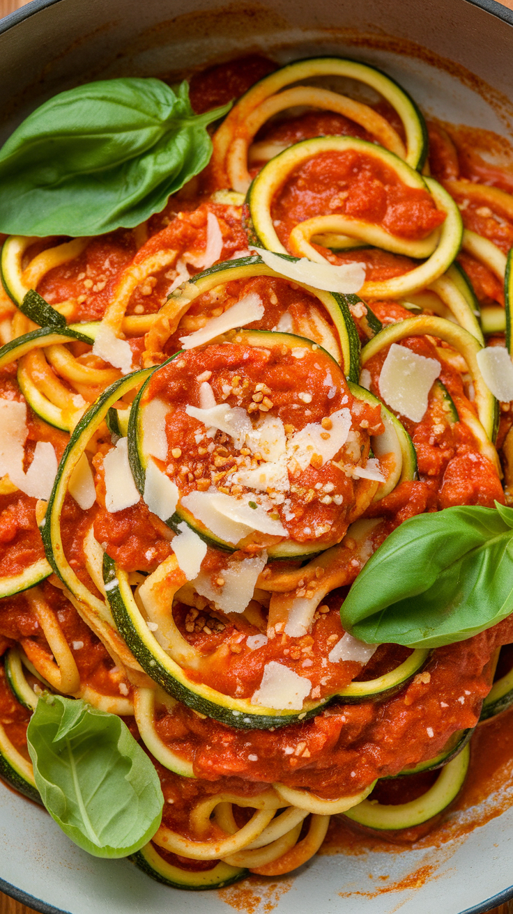 A bowl of zucchini noodles topped with spicy marinara sauce and garnished with basil and parmesan.