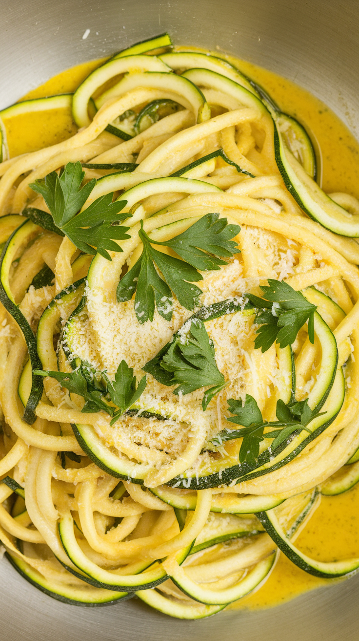 A bowl of zucchini pasta topped with parsley and cheese in a lemon sauce.