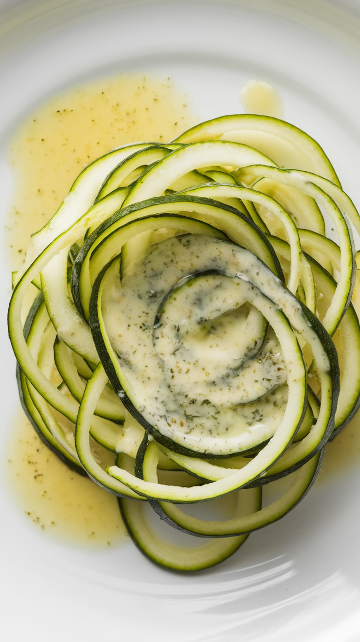 A plate of zucchini ribbons drizzled with lemon vinaigrette.