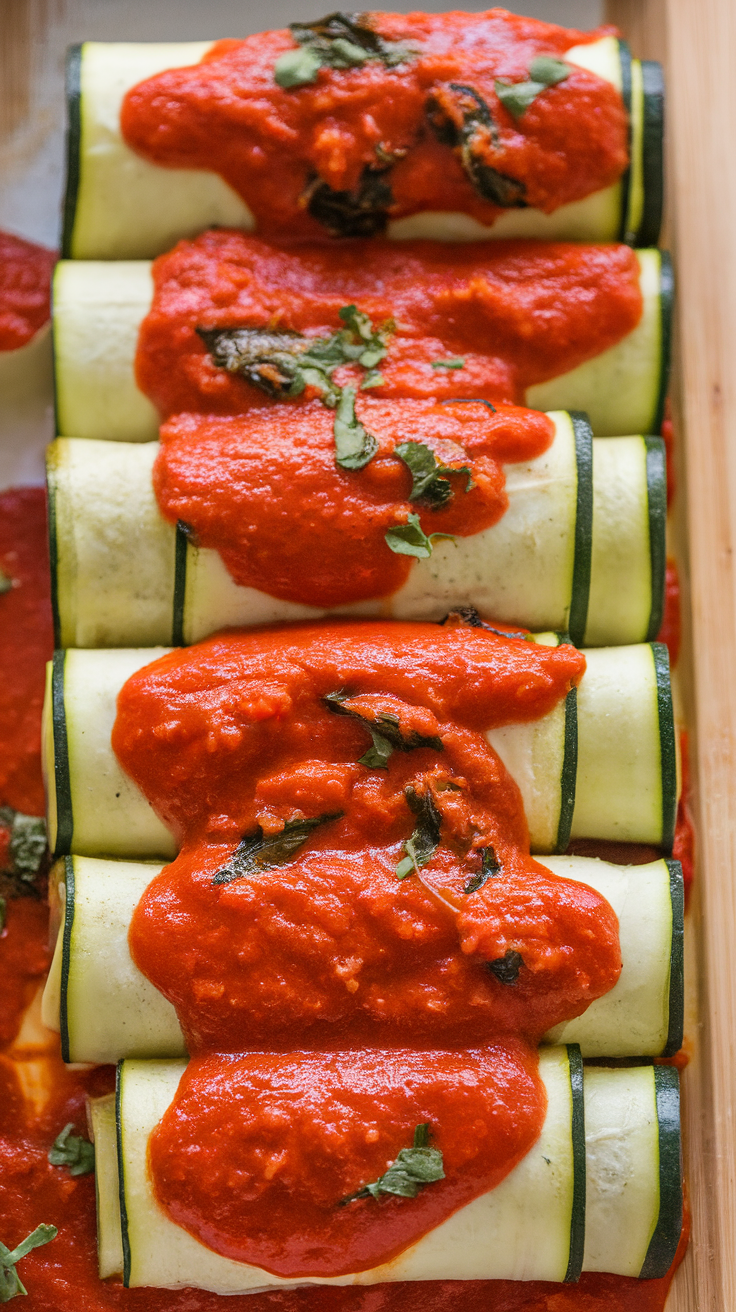 Zucchini rolls topped with tomato sauce and garnished with herbs.