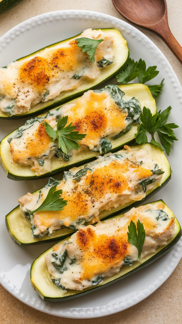 Zucchini stuffed with chicken and spinach, topped with cheese and parsley.