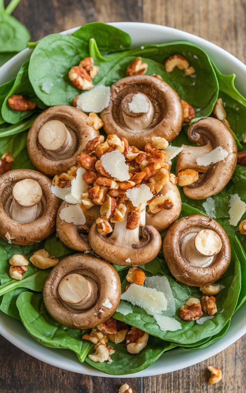 Keto salad with roasted mushrooms and spinach on a rustic wooden table.