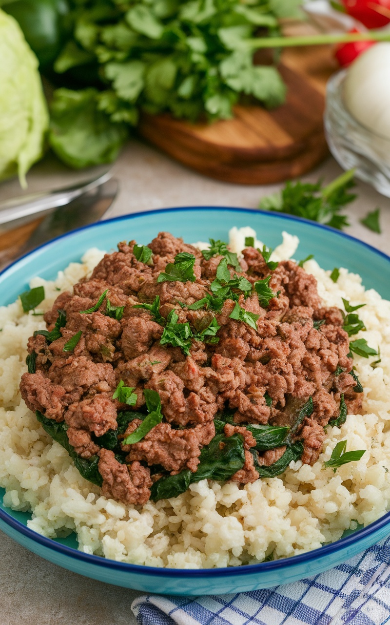 Keto Beef and Cauliflower Rice with Spinach served on a plate, garnished with parsley, in a rustic kitchen.