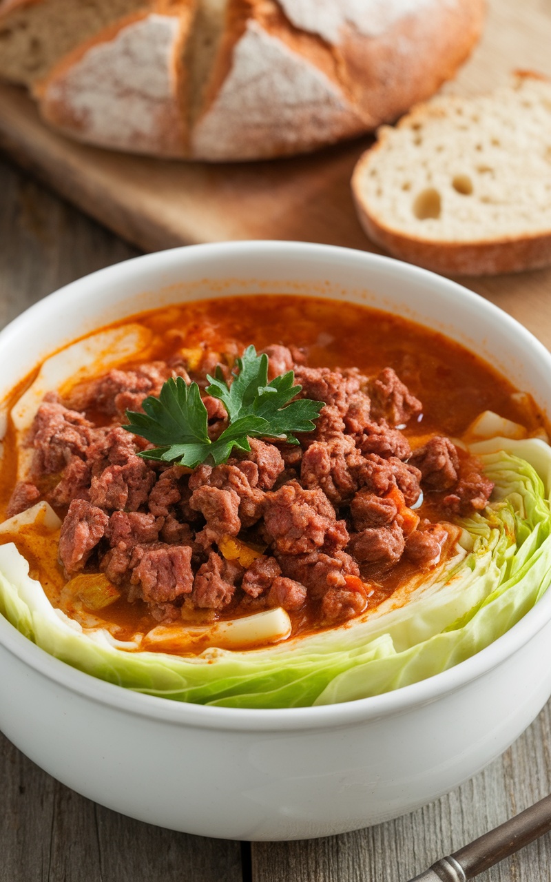 A bowl of spicy beef and cabbage soup with fresh parsley on a rustic table along with low-carb bread.