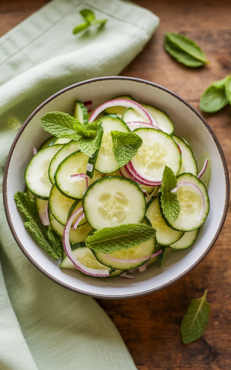 Keto Cucumber and Mint Salad with cucumbers, mint leaves, and red onion in a bowl.