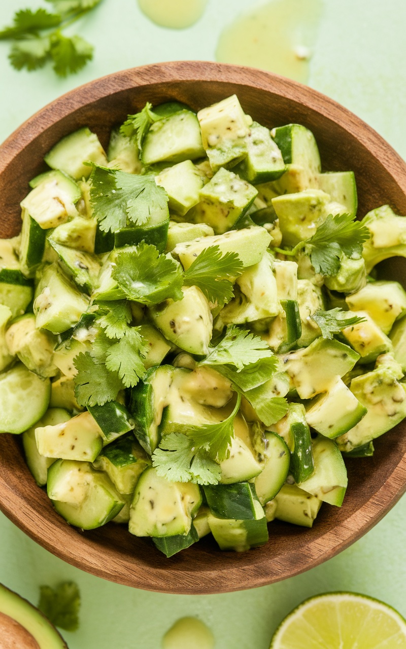 A vibrant bowl of keto avocado cucumber salad with cilantro and lime dressing on a wooden table.