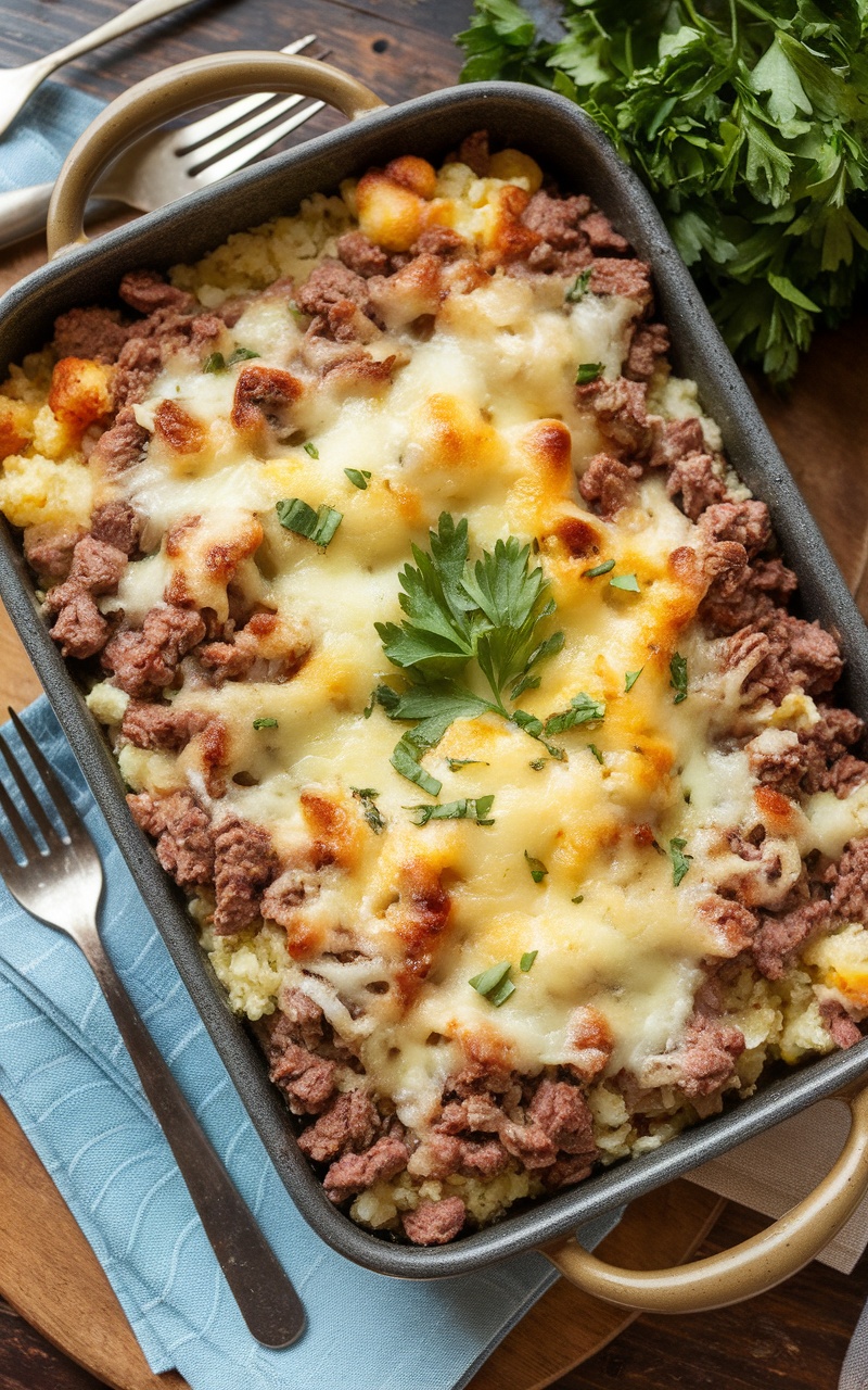 A cheesy Keto Beef and Cauliflower Rice Casserole served in a rustic dish, garnished with parsley.