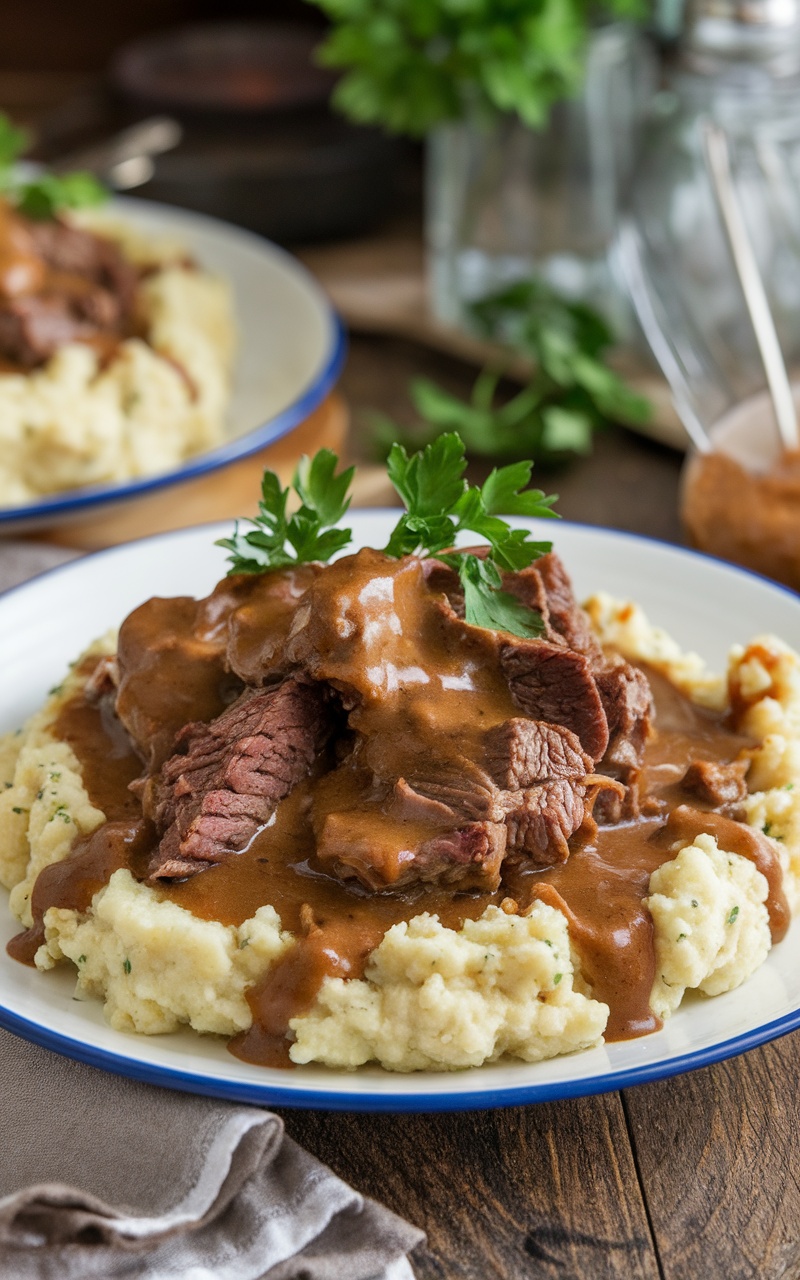 Keto Beef and Cauliflower Mash with Gravy, featuring beef in gravy on creamy cauliflower mash, garnished with parsley on a rustic table.