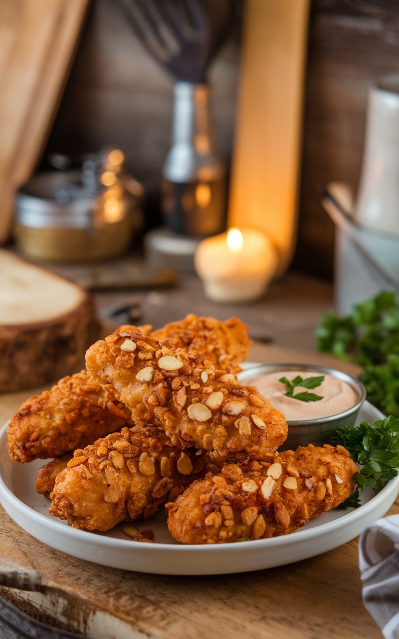 Crispy almond-crusted chicken tenders on a plate with dipping sauce and parsley garnish.