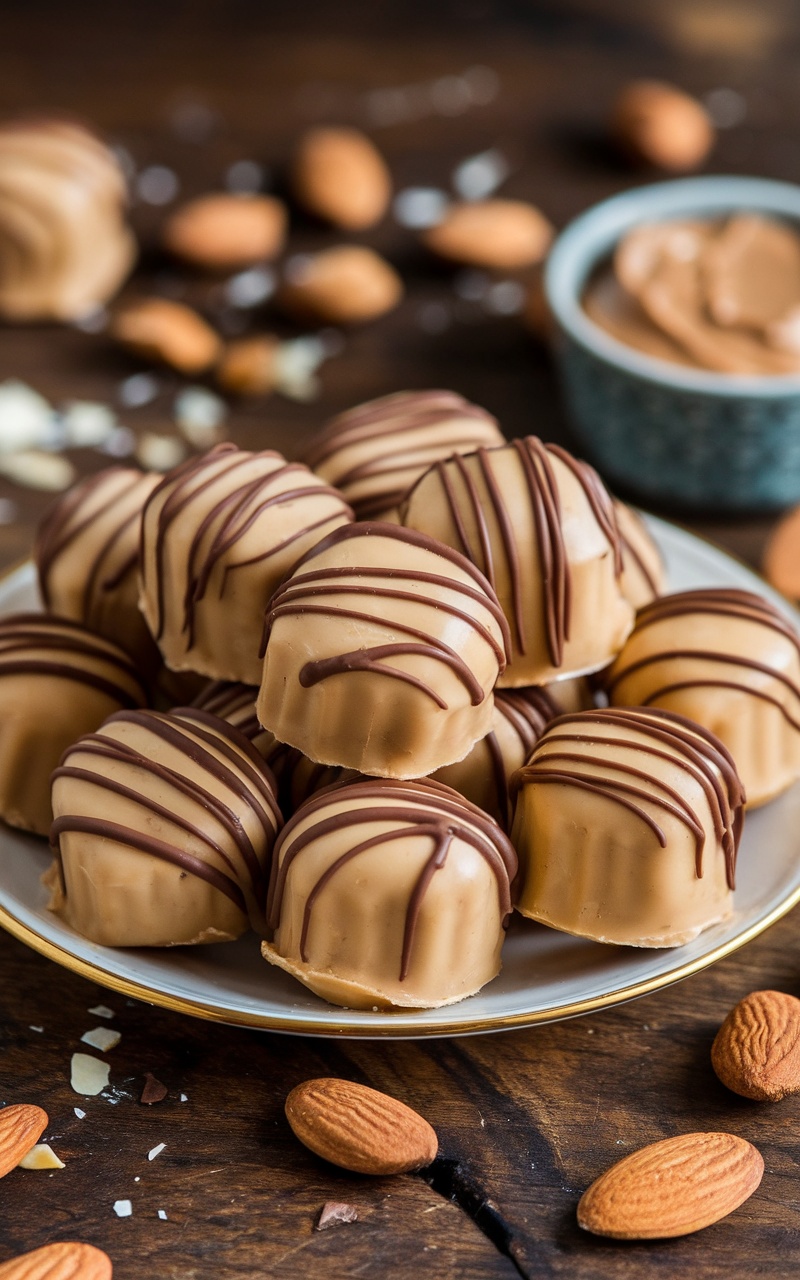 A plate of keto almond butter fat bombs, surrounded by almonds and almond butter on a rustic table.