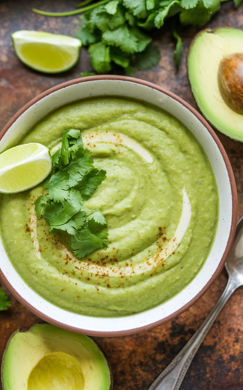 Creamy Keto Cilantro Lime Avocado Soup in a bowl, garnished with cilantro and lime, on a rustic table.