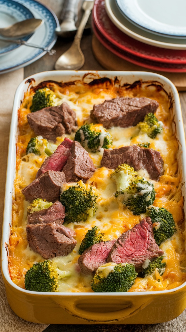 Creamy beef and broccoli casserole in a baking dish, with melted cheese on top, served with a fork on a rustic kitchen table.