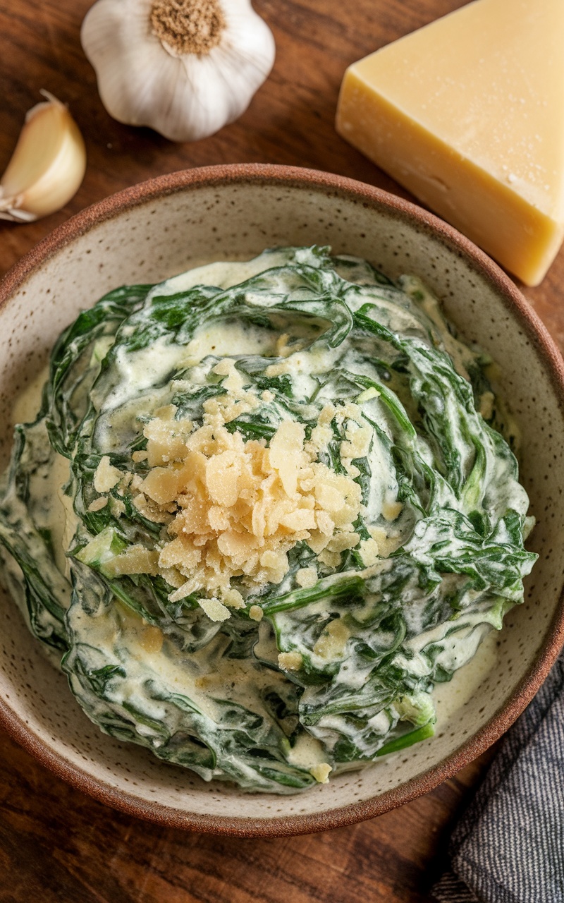 Keto creamed spinach with Parmesan cheese served in a rustic bowl, garnished with garlic and cheese.