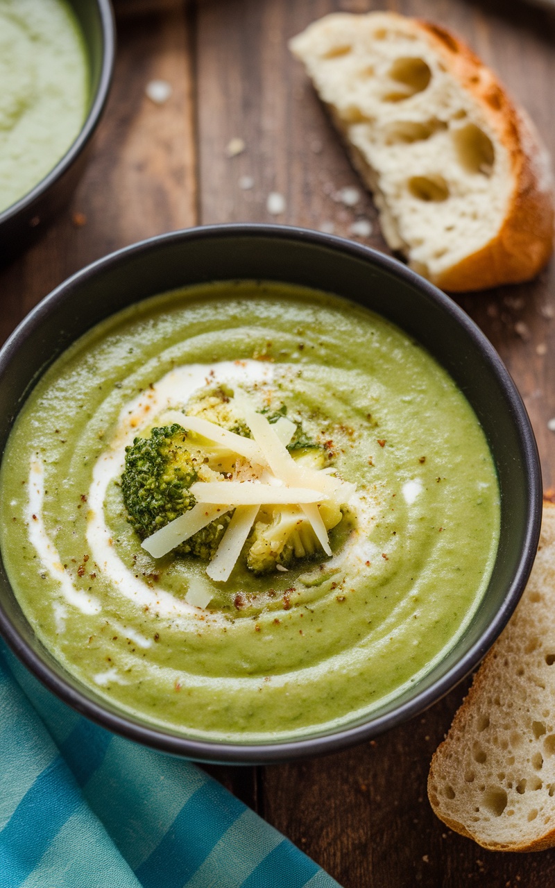 Creamy broccoli and zucchini soup in a bowl, garnished with Parmesan cheese on a wooden table with bread.