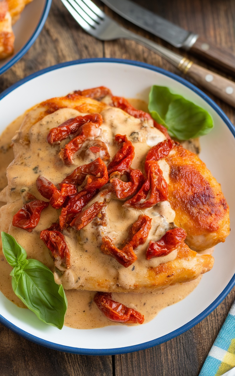 Plated Keto creamy chicken with sun-dried tomatoes, garnished with basil.