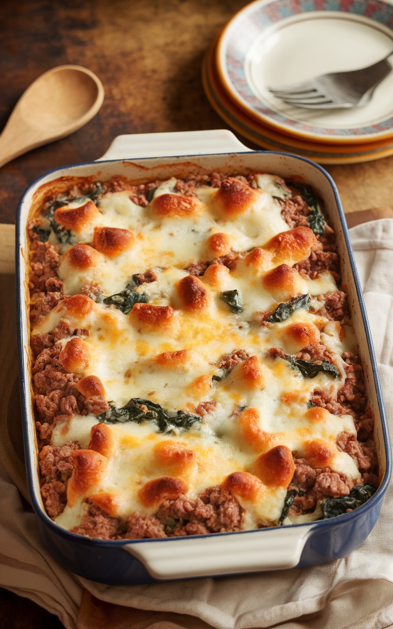 Creamy beef and spinach bake topped with melted cheese, showcasing a rich and hearty meal.