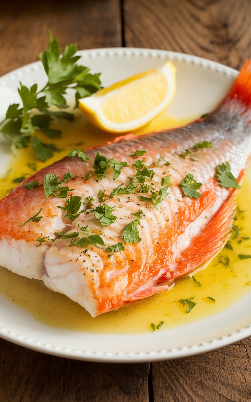 Pan-seared red snapper fillet garnished with parsley on a wooden table with lemon.