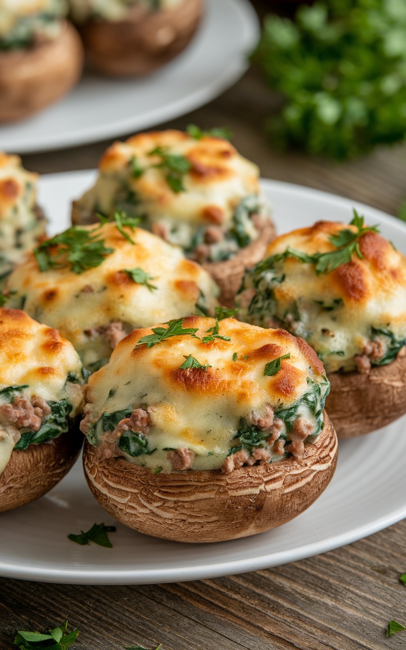 Keto beef and spinach stuffed mushrooms on a plate, garnished with parsley.