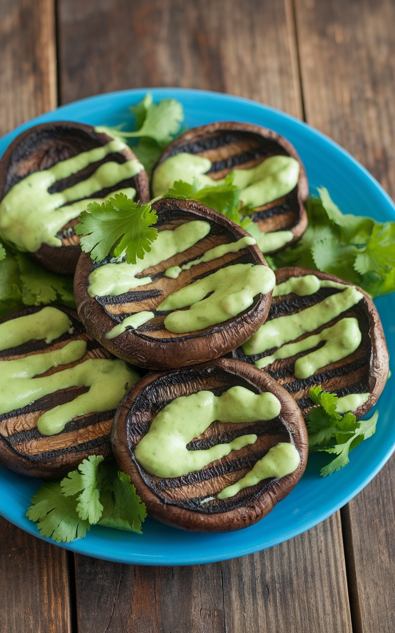 Grilled portobello mushrooms topped with avocado dressing, garnished with cilantro on a rustic table.