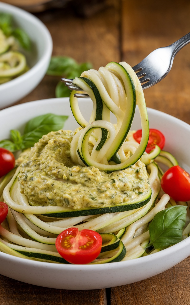 Zucchini noodles with almond pesto and cherry tomatoes, served in a bowl on a rustic table.