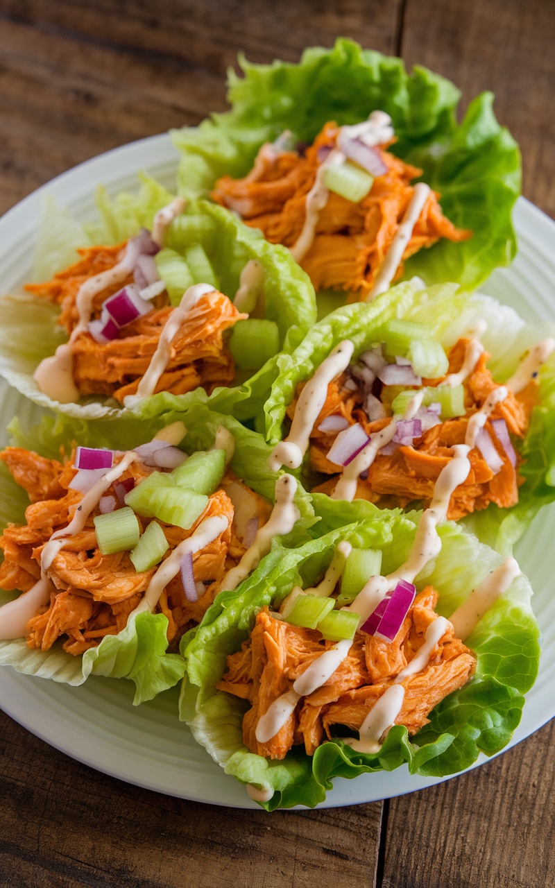 Zesty Buffalo Chicken Lettuce Wraps filled with shredded chicken, garnished with celery and ranch dressing, on a wooden table.