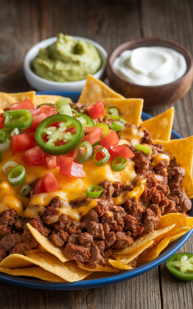 A colorful plate of Keto Beef Nachos with ground beef, cheese, tomatoes, and garnishes, alongside guacamole and sour cream.