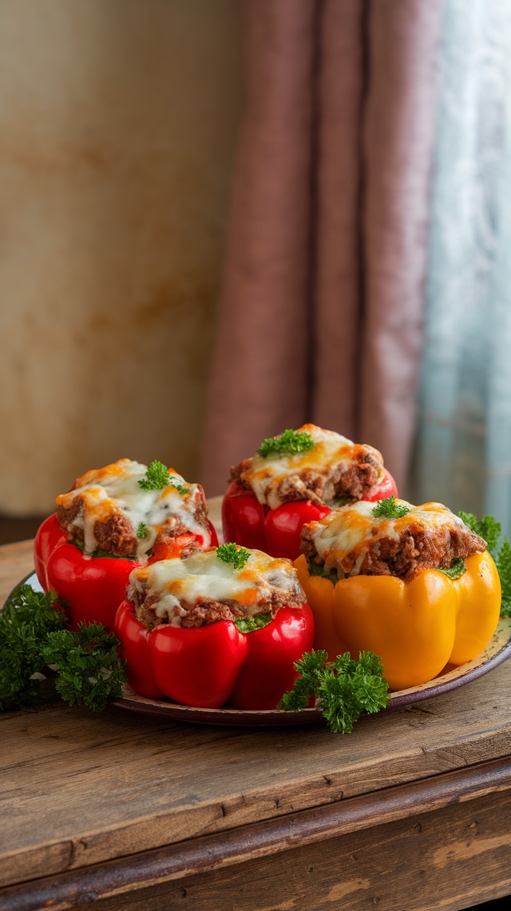 Keto Beef-Stuffed Bell Peppers with Cheese, colorful peppers filled with beef and topped with melted cheese, on a rustic wooden table.