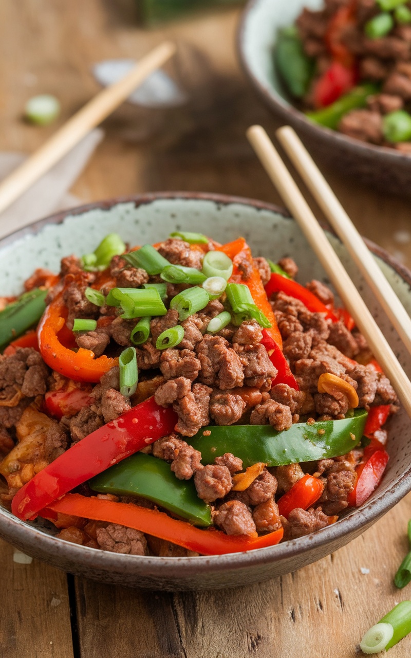 Keto beef and pepper stir-fry with ground beef and bell peppers, garnished with green onions, on a rustic wooden table.