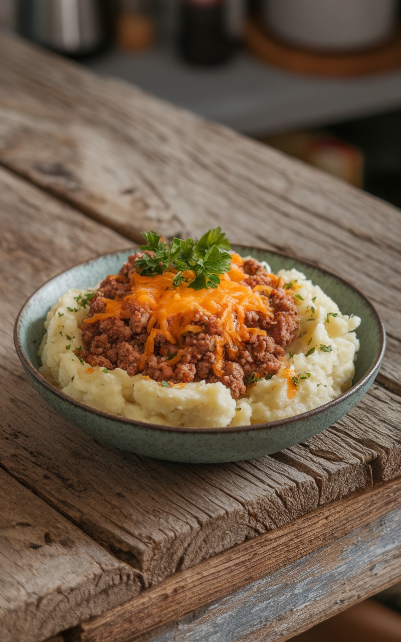 A bowl of mashed cauliflower topped with seasoned ground beef and garnished with parsley.