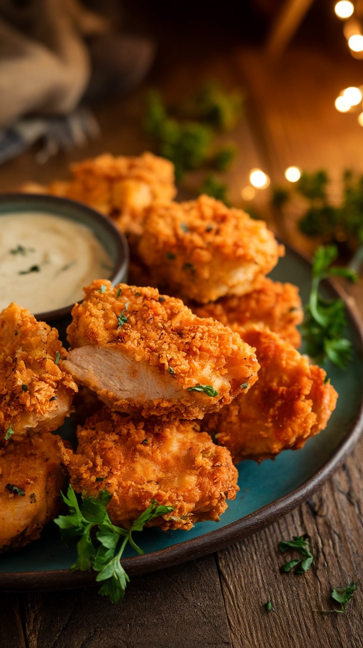 Crispy chicken nuggets coated in pork rinds on a wooden table with dipping sauce.