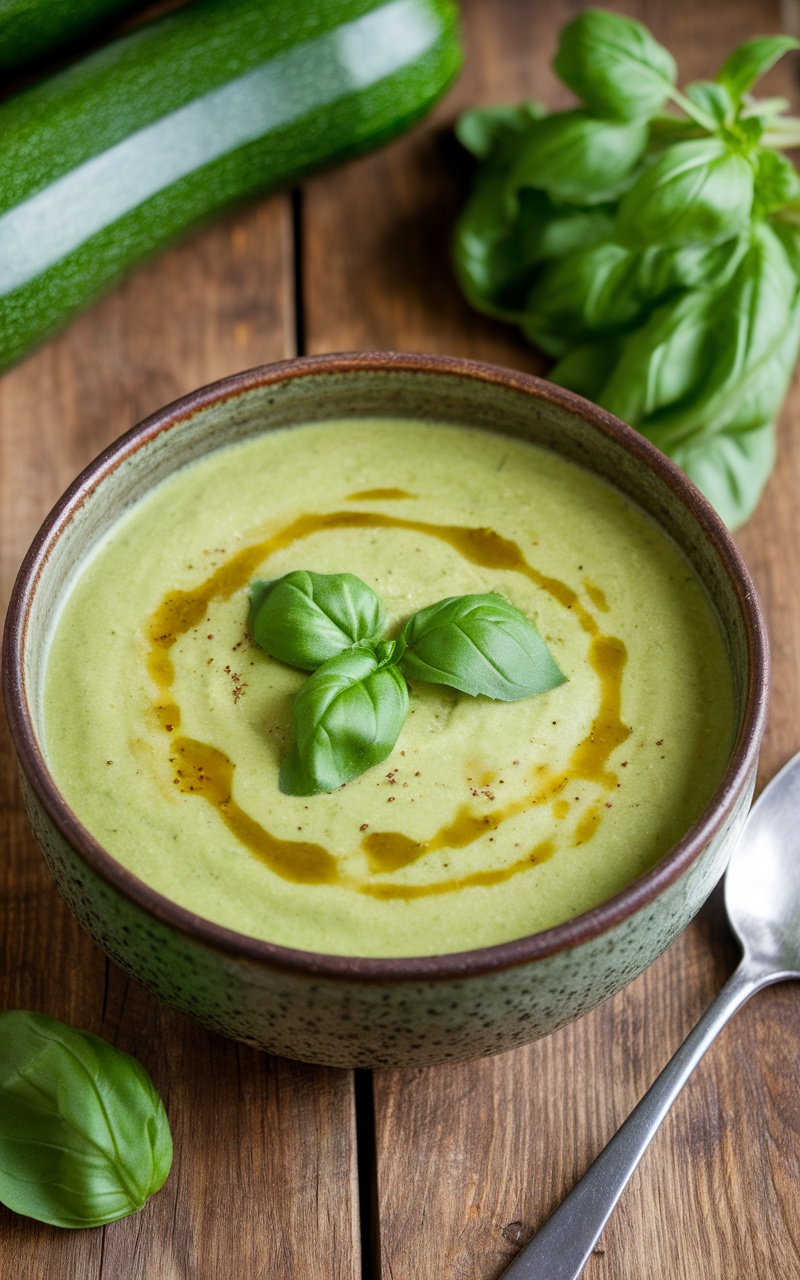 A bowl of creamy zucchini soup garnished with basil leaves, served on a rustic table.