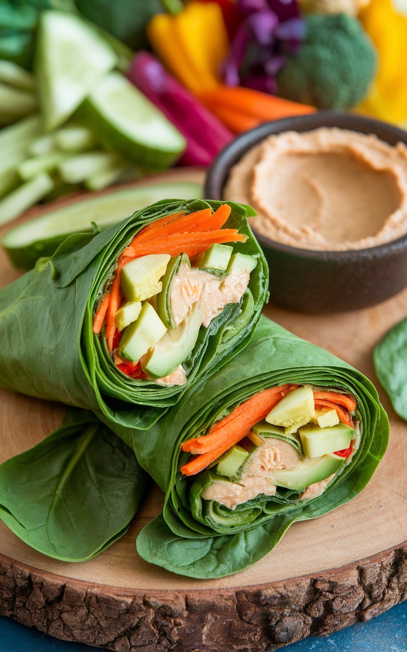 Spinach and Avocado Keto Wraps filled with avocado, carrots, cucumber, and bell peppers, served with hummus on a rustic wooden board.