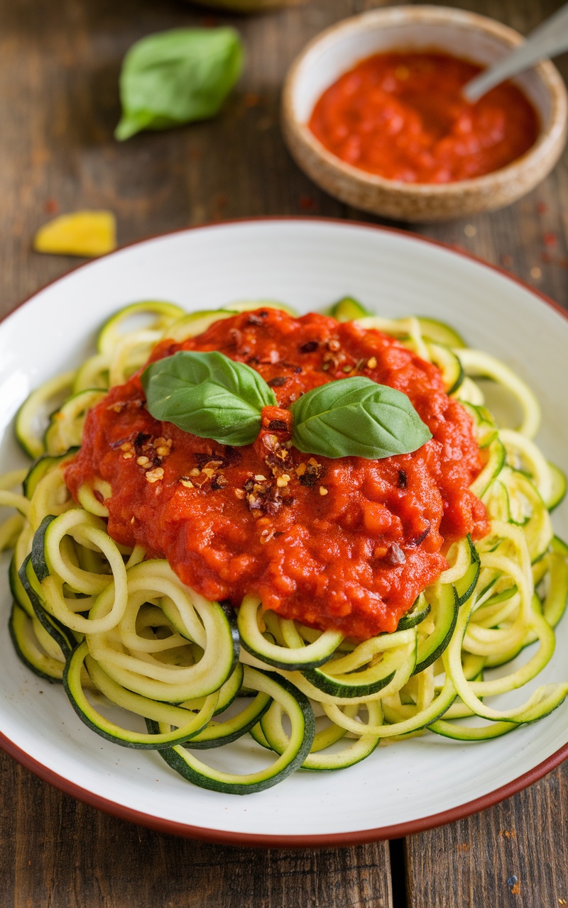 A plate of keto zucchini noodles with spicy marinara sauce and basil, on a rustic table.