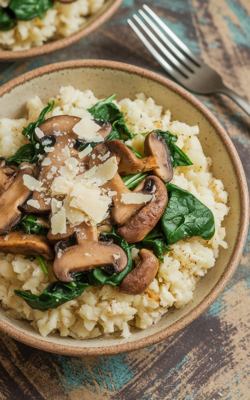 A serving of Keto Spinach and Mushroom Cauliflower Rice with mushrooms and spinach in a rustic bowl.