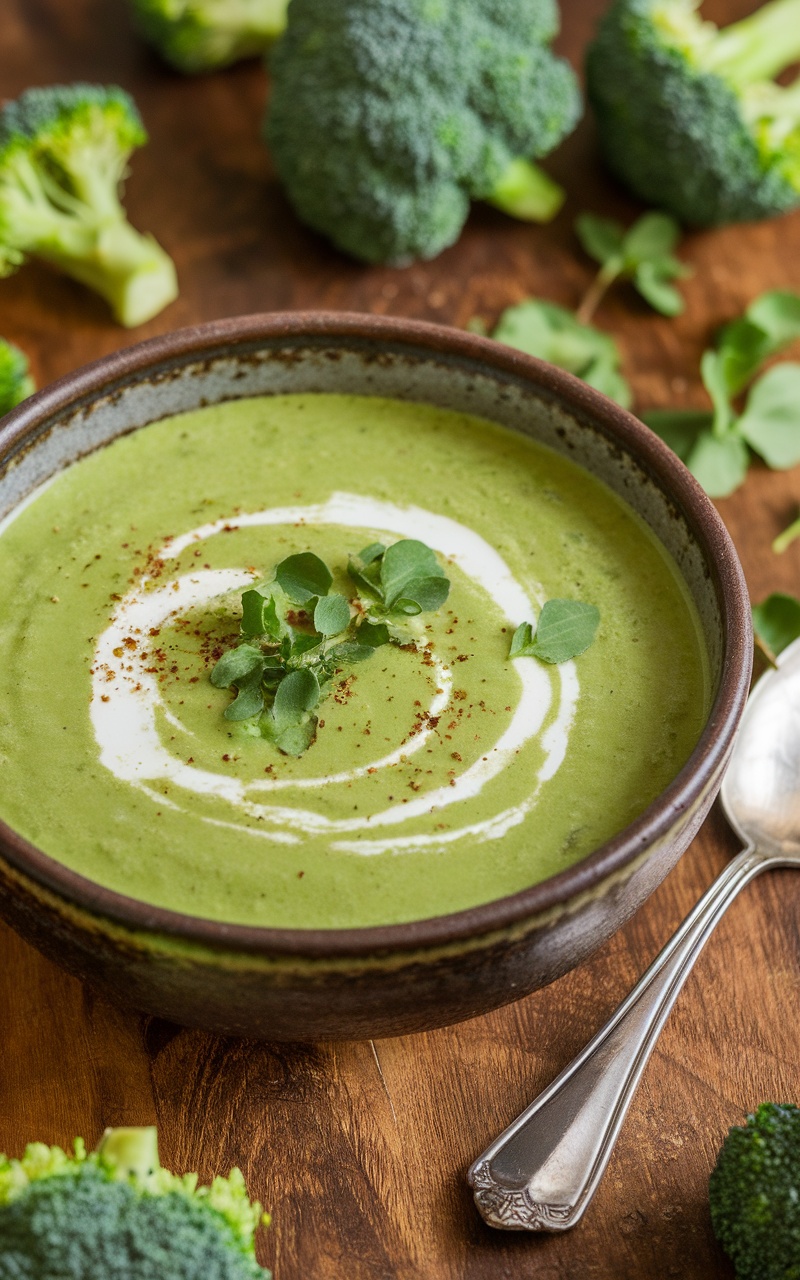 A bowl of creamy keto broccoli soup with coconut cream, garnished with herbs, on a rustic table.