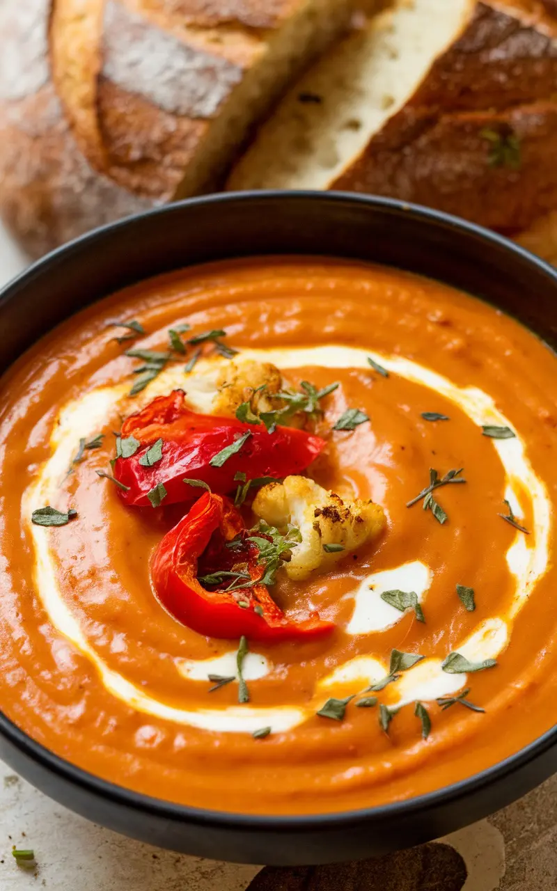 A creamy bowl of roasted red pepper and cauliflower soup garnished with herbs, with rustic bread on the side.