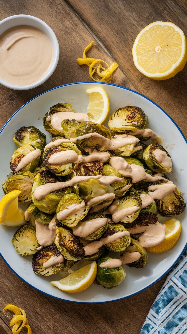 Crispy brussels sprouts with lemon tahini sauce garnished with lemon zest on a rustic table.