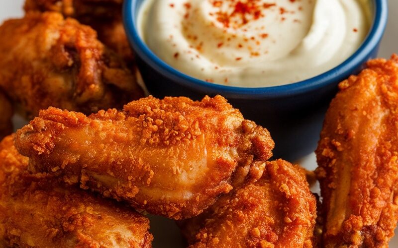 Keto Pork Rind Crusted Chicken Wings with Spicy Mayo Dipping Sauce