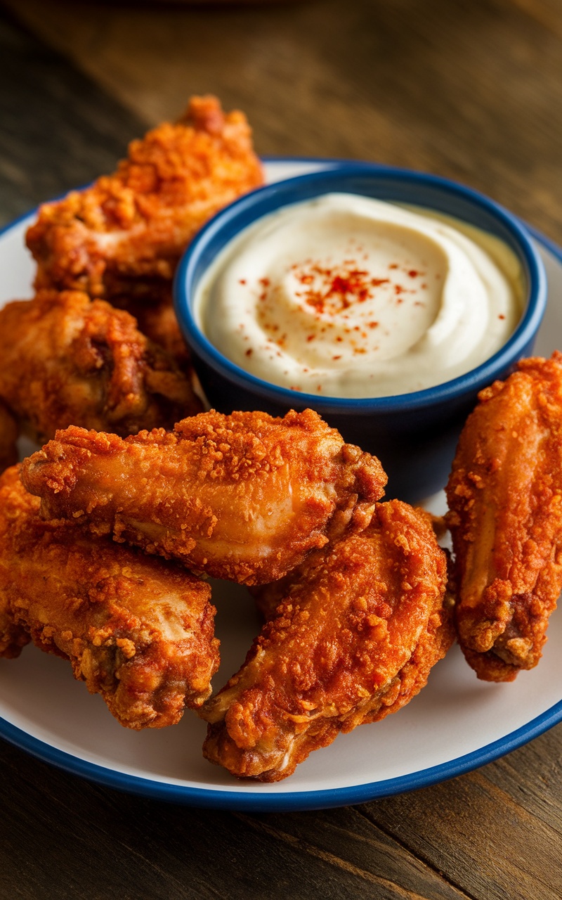 Crispy chicken wings coated in pork rinds served with spicy mayo on a rustic table.