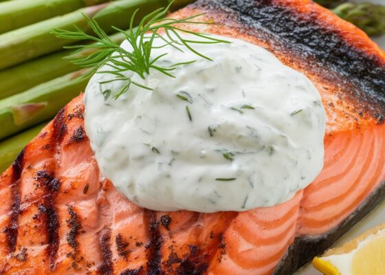 Keto Grilled Salmon with Creamy Dill Yogurt Sauce