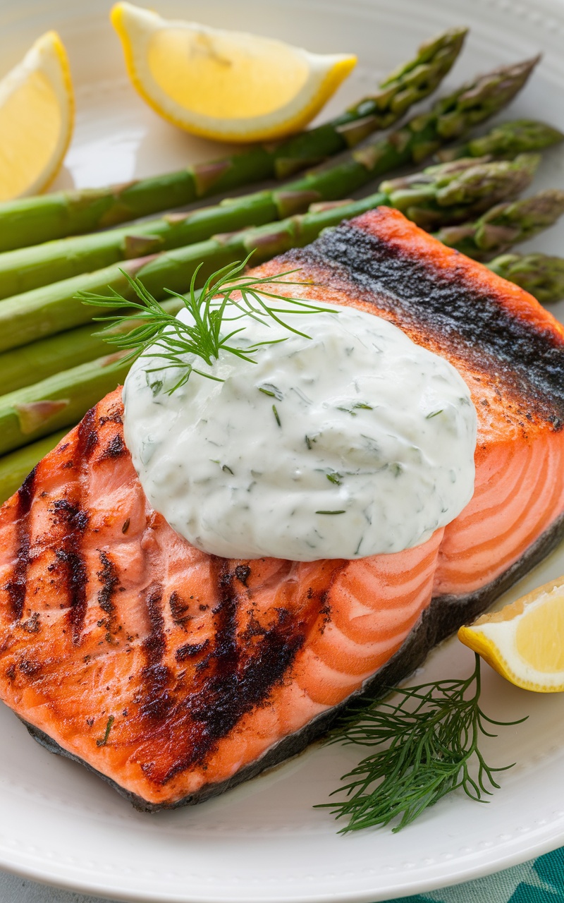 Grilled salmon fillet with dill yogurt sauce and asparagus on a white plate.