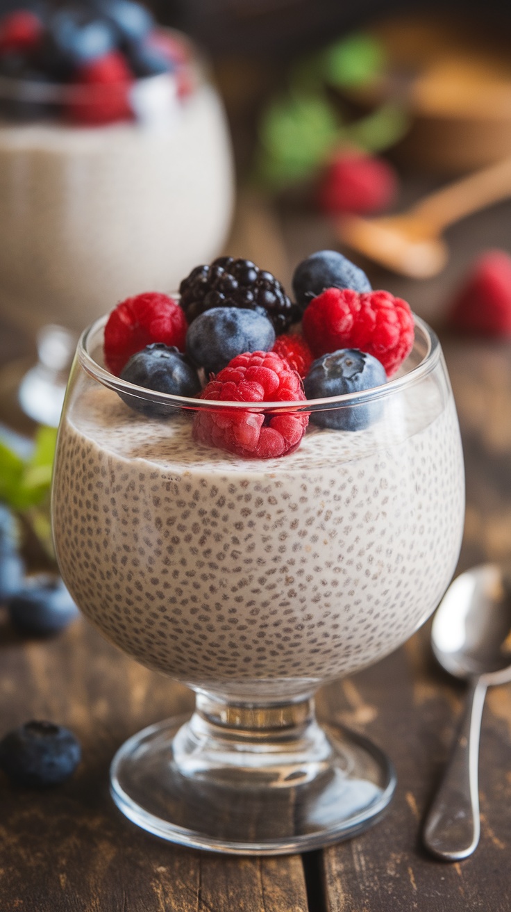 Keto almond milk chia seed pudding in a glass bowl topped with fresh berries.