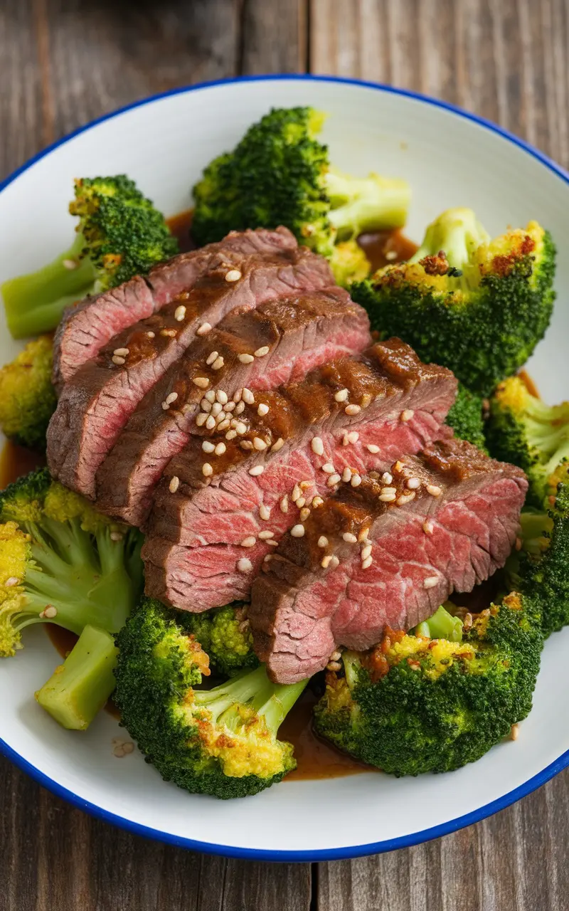 A delicious Keto Beef and Broccoli Stir-Fry with beef and broccoli in savory sauce, garnished with sesame seeds.