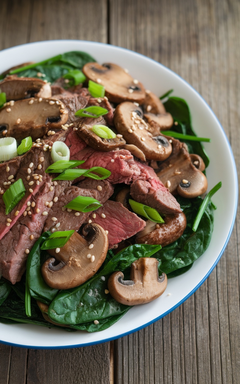 A plate of keto beef and mushroom stir-fry with mushrooms, spinach, and beef garnished with sesame seeds and green onions.