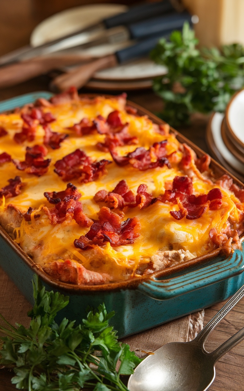 Keto beef and bacon casserole with melted cheddar, crispy bacon on top, served on a rustic table.