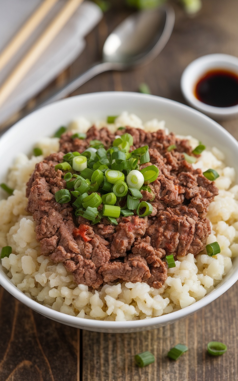 A Keto Beef and Cauliflower Rice Bowl with ground beef and cauliflower rice topped with green onions, on a rustic wooden table.